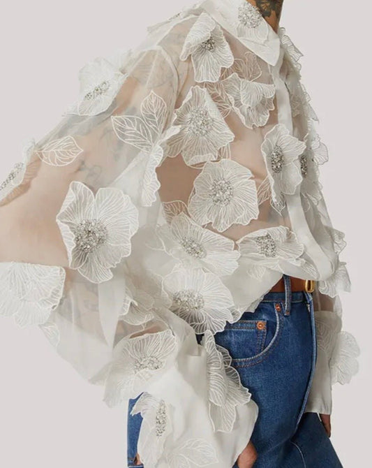 Bluse mit 3-D Blumen weiß - GRAYSS FASHION & HOME