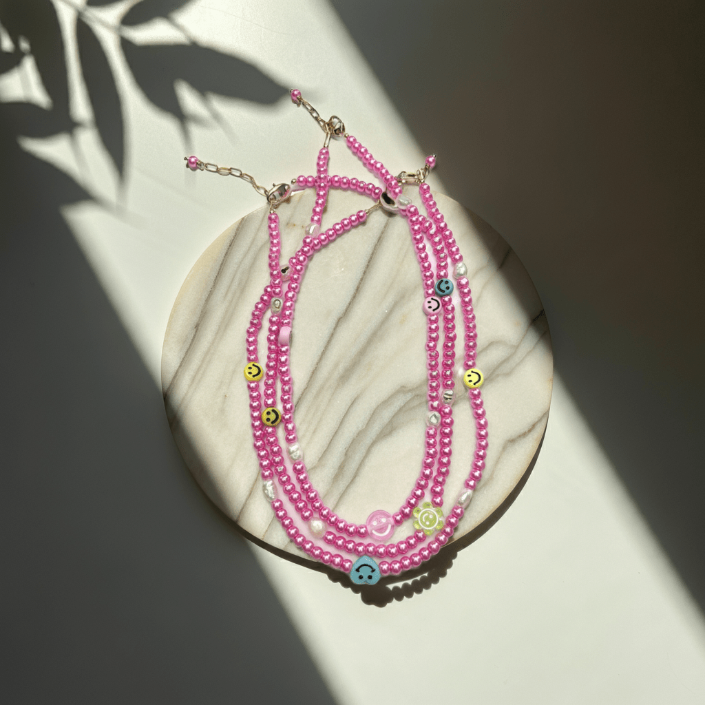 Halskette pinke Kunstperlen/Smiley - GRAYSS FASHION
